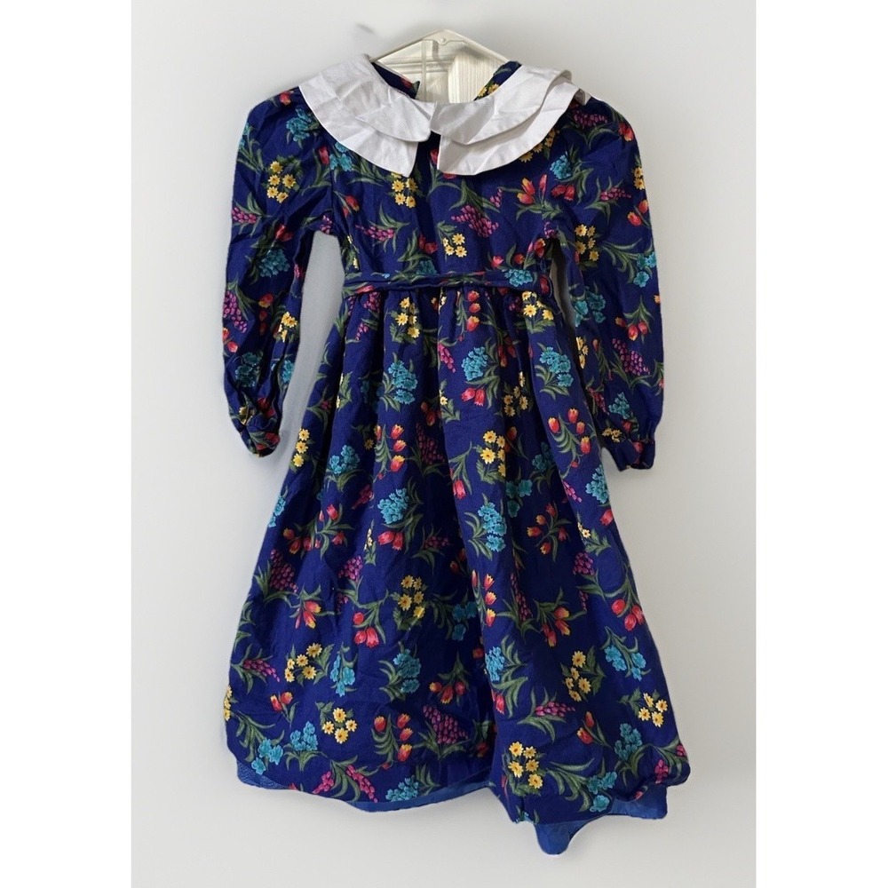 VTG 80s PLUM PUDDING Dress Girls 8 Blue Floral Holiday Cottage Tulle Lined